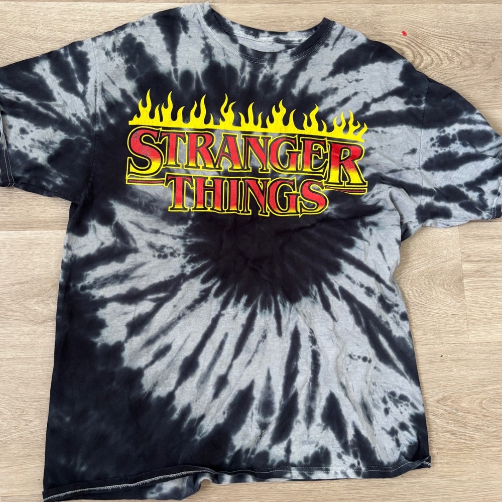 Stranger Things Tie Dye Graphic T-Shirt Black Grey Flame Logo Large